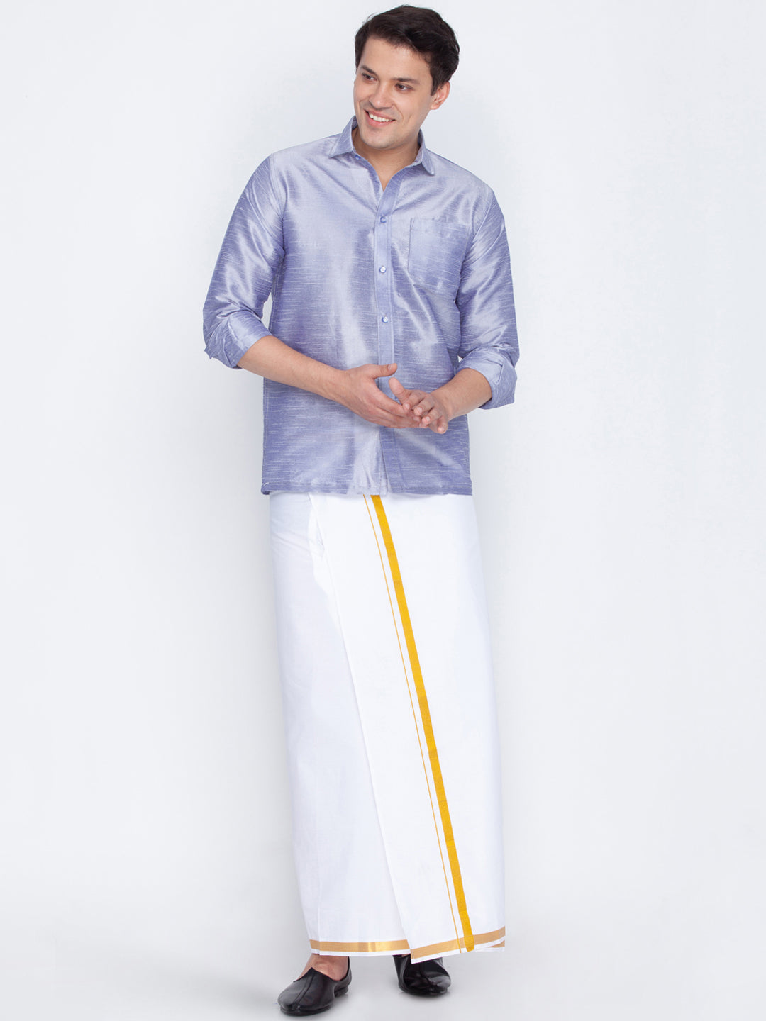 Men's Lavander And White Silk Blend Shirt And Mundu - Vastramay