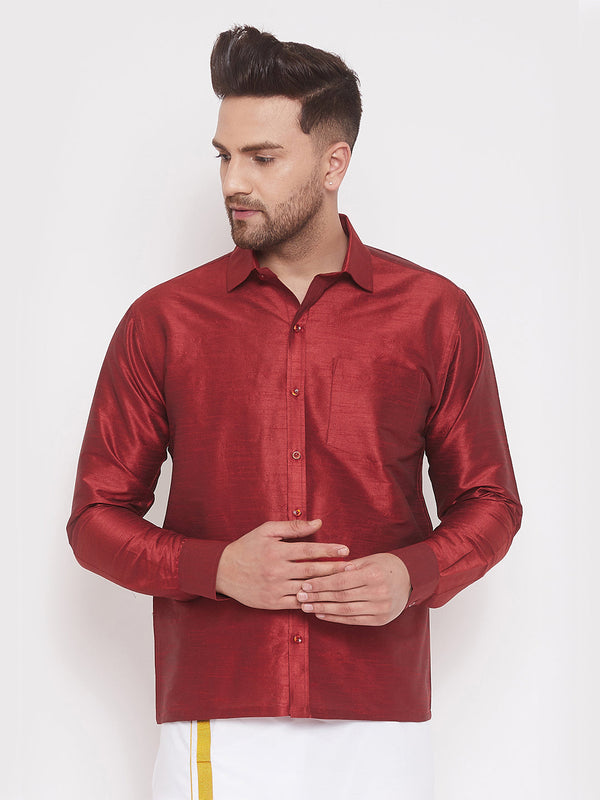 Jashvi Men's Maroon Silk Blend Ethnic Shirt