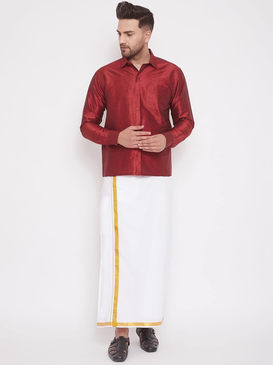 Men's Maroon And White Silk Blend Shirt And Mundu - Vastramay