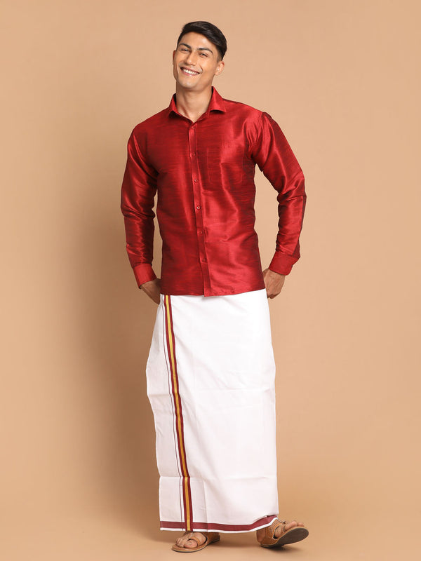 Jashvi Men's Maroon Silk Blend Shirt And Mundu Set