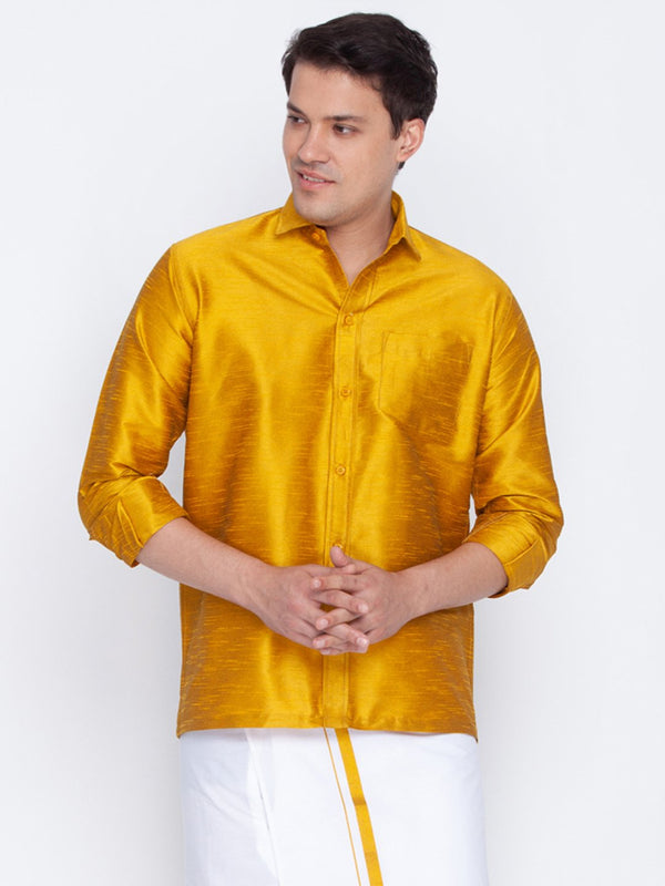 Men's Yellow Cotton Silk Blend Ethnic Shirt - Vastramay