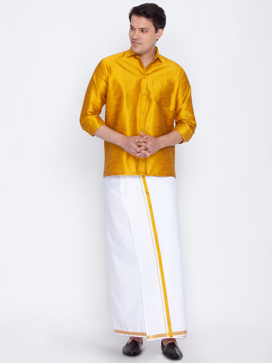 Men's Mustard And White Silk Blend Shirt And Mundu - Vastramay
