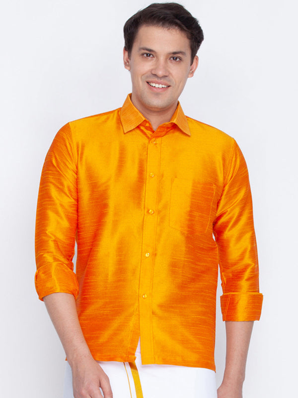 Jashvi Men's Orange Silk Blend Ethnic Shirt