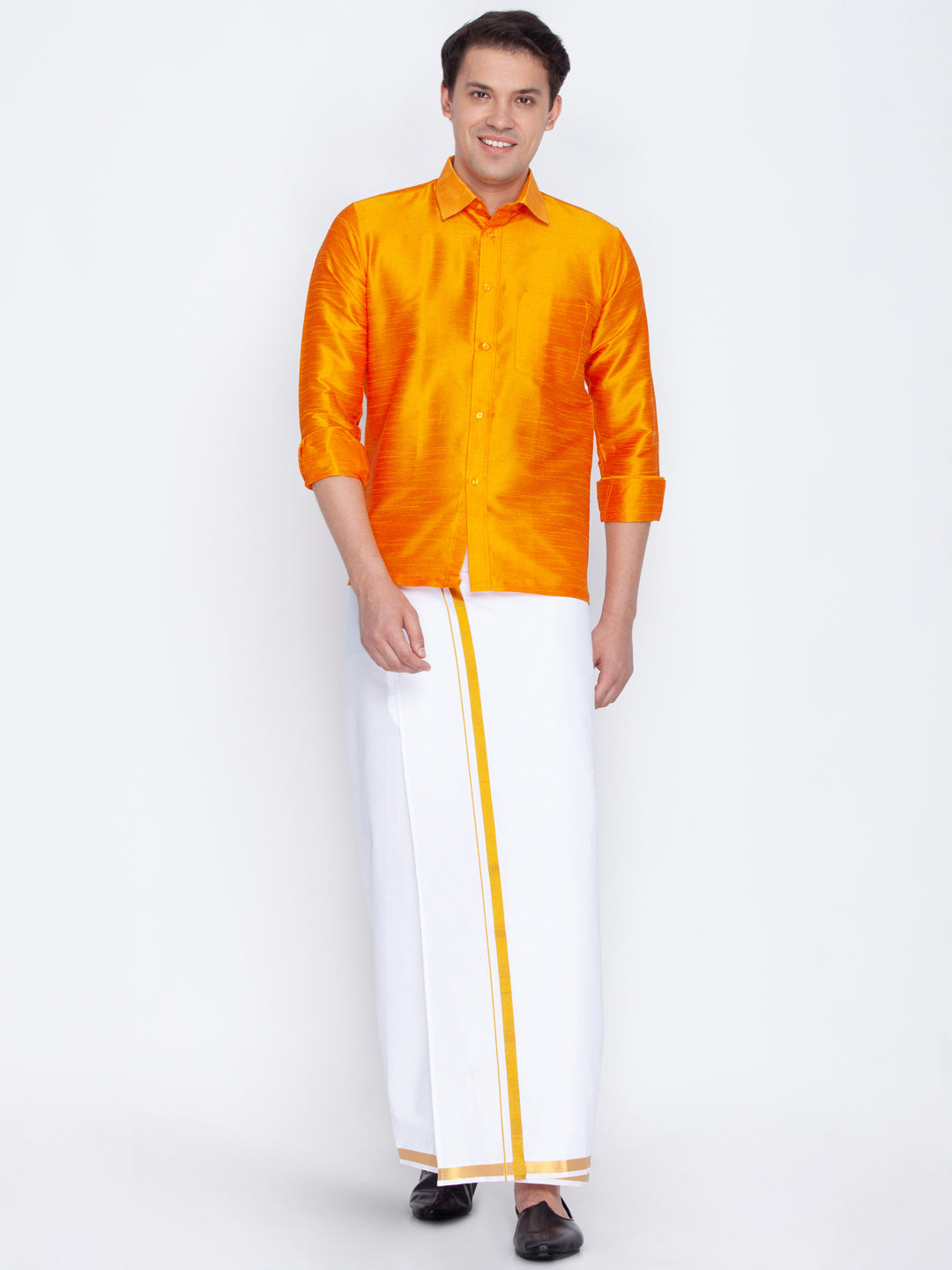 Men's Orange And White Silk Blend Shirt And Mundu - Vastramay