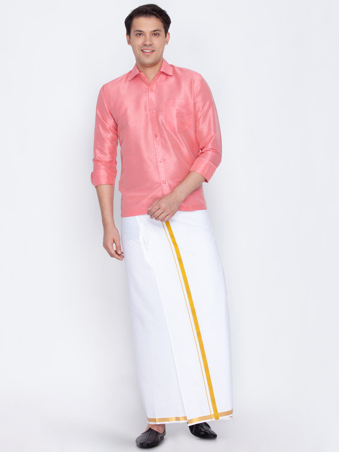 Men's Pink And White Silk Blend Shirt And Mundu - Vastramay