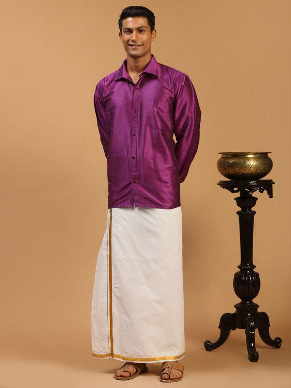 Jashvi Men's Purple Silk Blend Shirt And Mundu Set