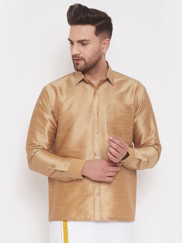 Men's Gold Cotton Silk Blend Ethnic Shirt - Vastramay