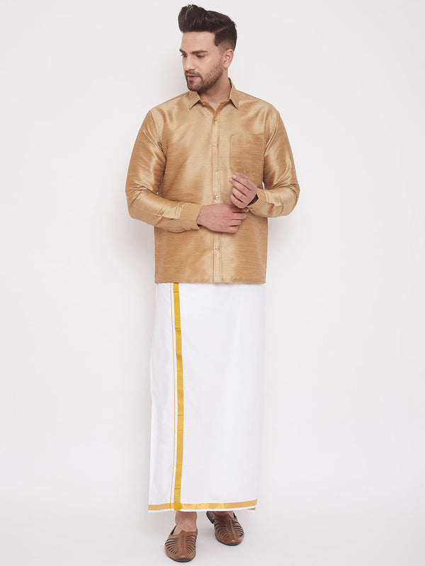 Jashvi Men's Rose Gold & White Silk Blend Shirt And Mundu Set