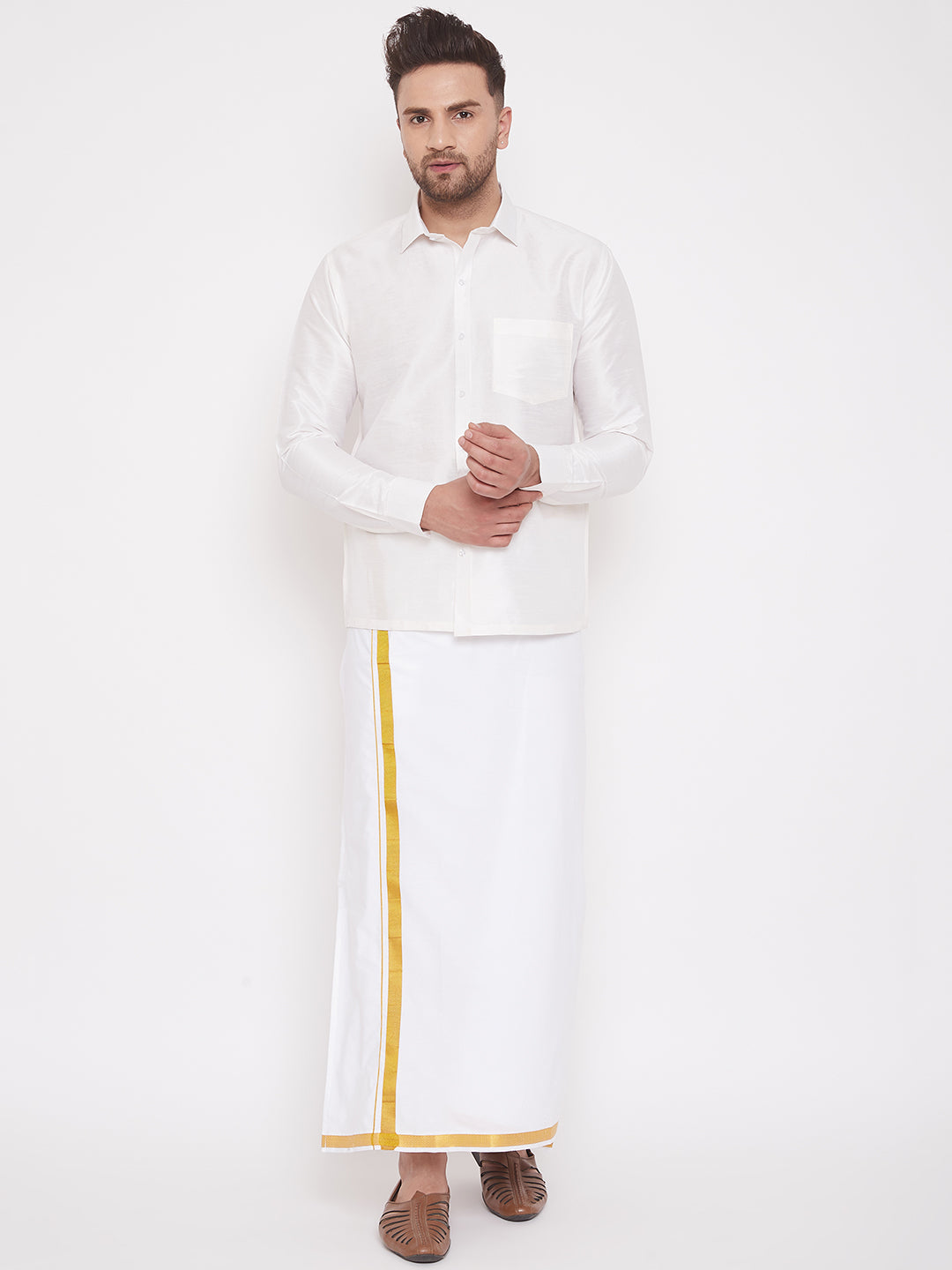 Men's White Silk Blend Shirt And Mundu - Vastramay