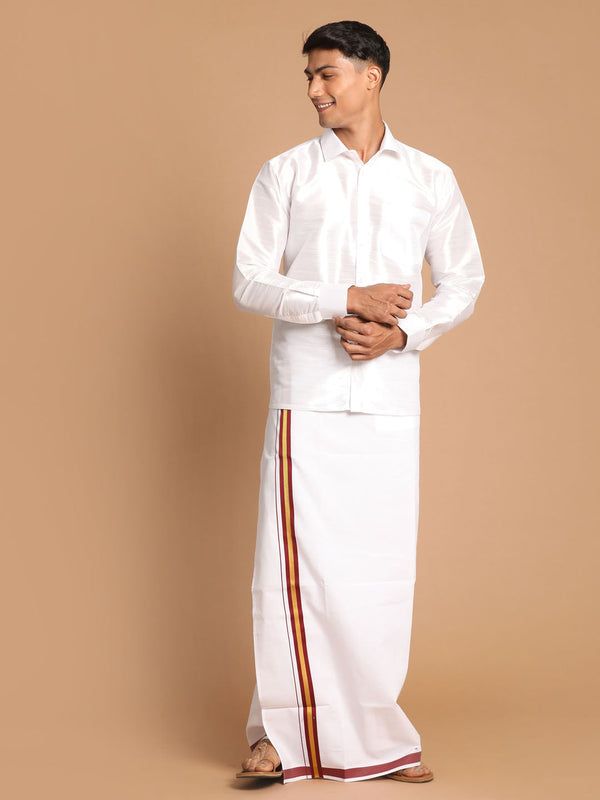 Jashvi Men's White Silk Blend Shirt And Mundu Set