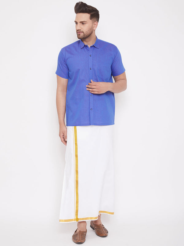 Jashvi Men's Blue and White Cotton Blend Shirt And Mundu Set