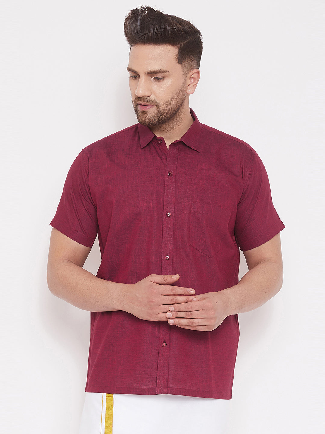 Men's Maroon Cotton Blend Ethnic Shirt - Vastramay