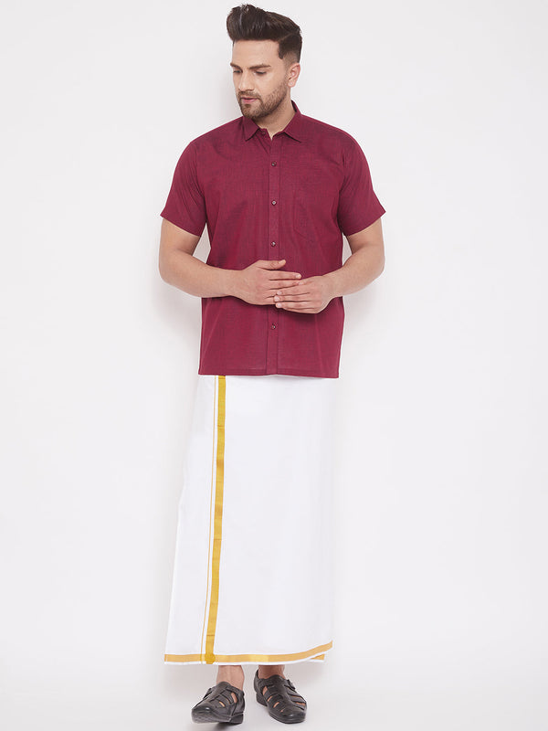 Jashvi Men's Maroon and White Cotton Blend Shirt And Mundu Set