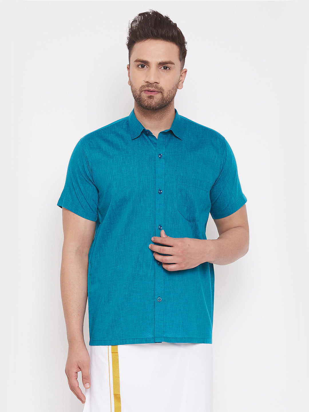 Men's Turquoise Cotton Blend Ethnic Shirt - Vastramay