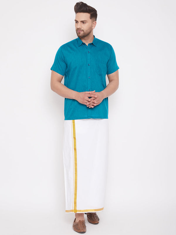 Jashvi Men's Turquoise and White Cotton Blend Shirt And Mundu Set