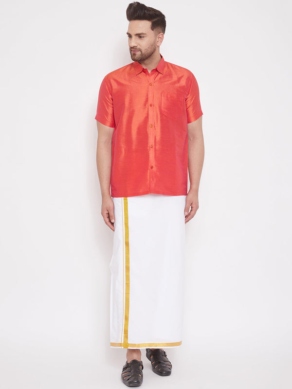 Jashvi Men's Red and White Silk Blend Shirt And Mundu Set