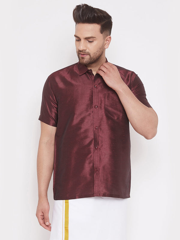 Jashvi Men's Wine Silk Blend Ethnic Shirt