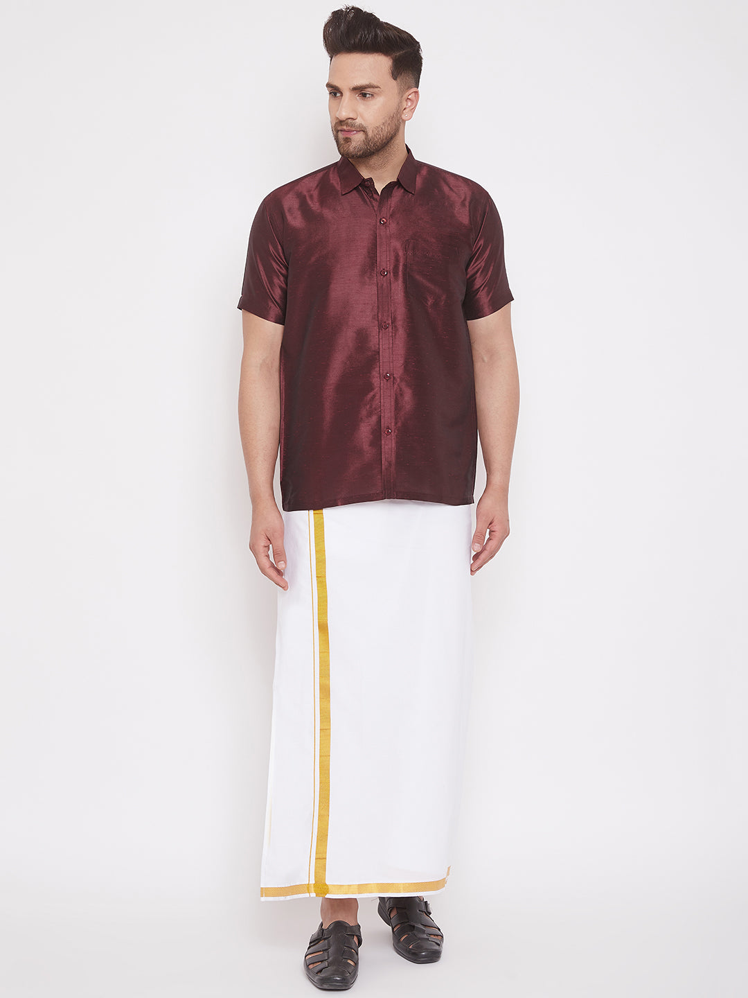 Men's Wine And White Silk Blend Shirt And Mundu - Vastramay
