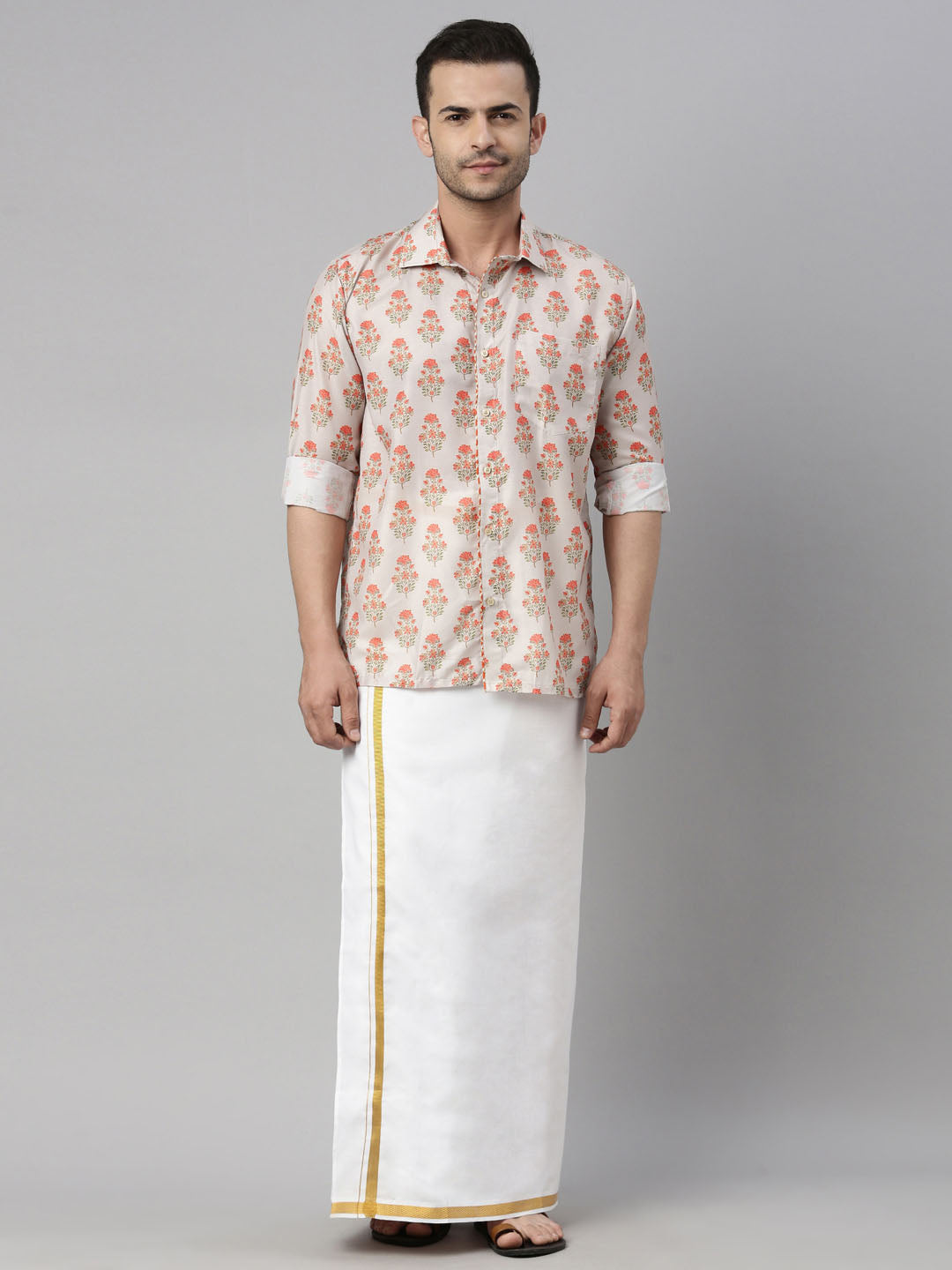 Men's Multicolor-Base-Beige And White Muslin Blend Shirt And Mundu - Vastramay