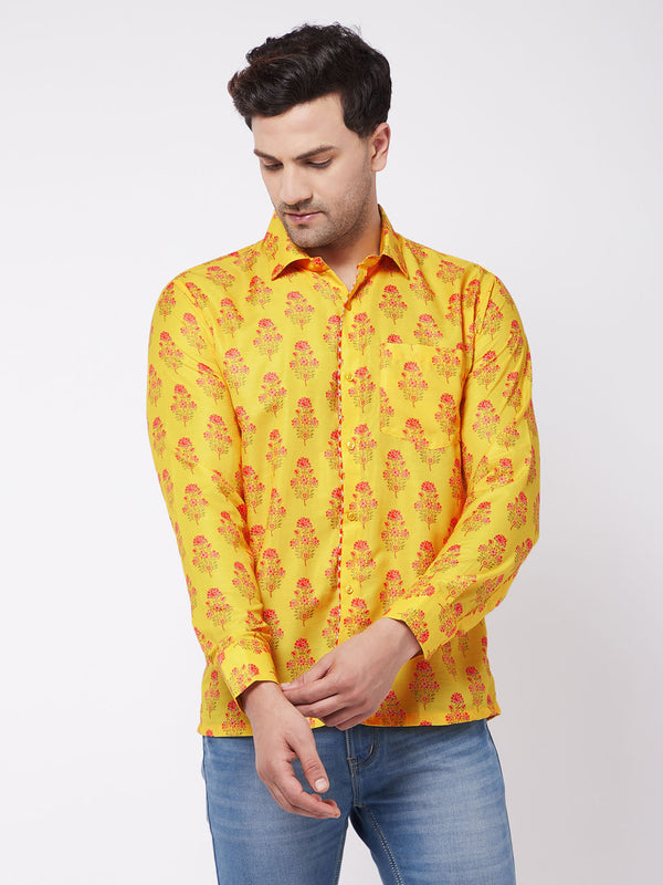 Jashvi Men's Multicolor-Base-Orange Ethnic Shirt