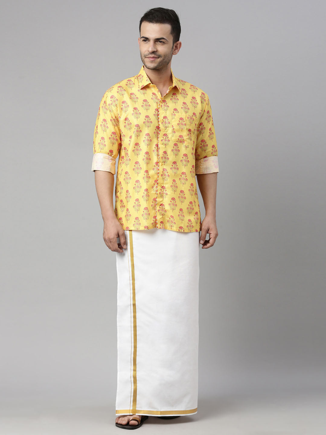 Men's Multicolor-Base-Mustard And White Muslin Blend Shirt And Mundu - Vastramay