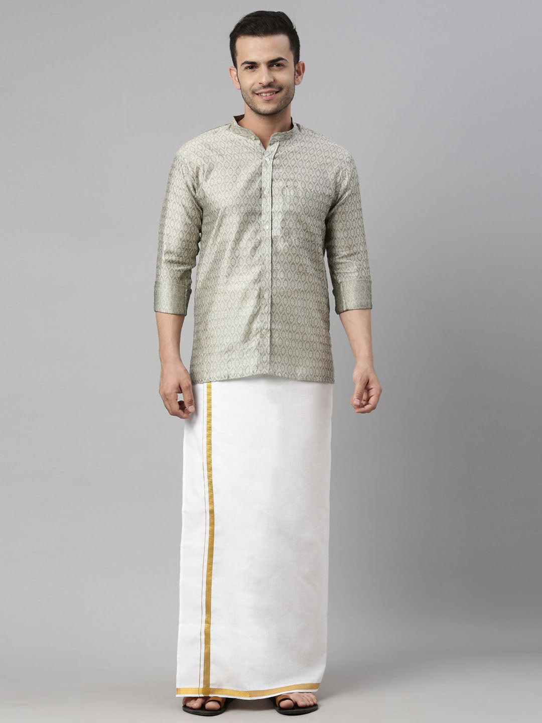 Men's Beige Silk Blend Ethnic Shirt And Mundu Set - Vastramay