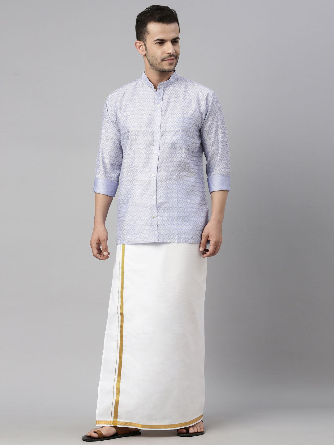 Men's Lavender Blue Silk Blend Ethnic Shirt And Mundu Set - Vastramay