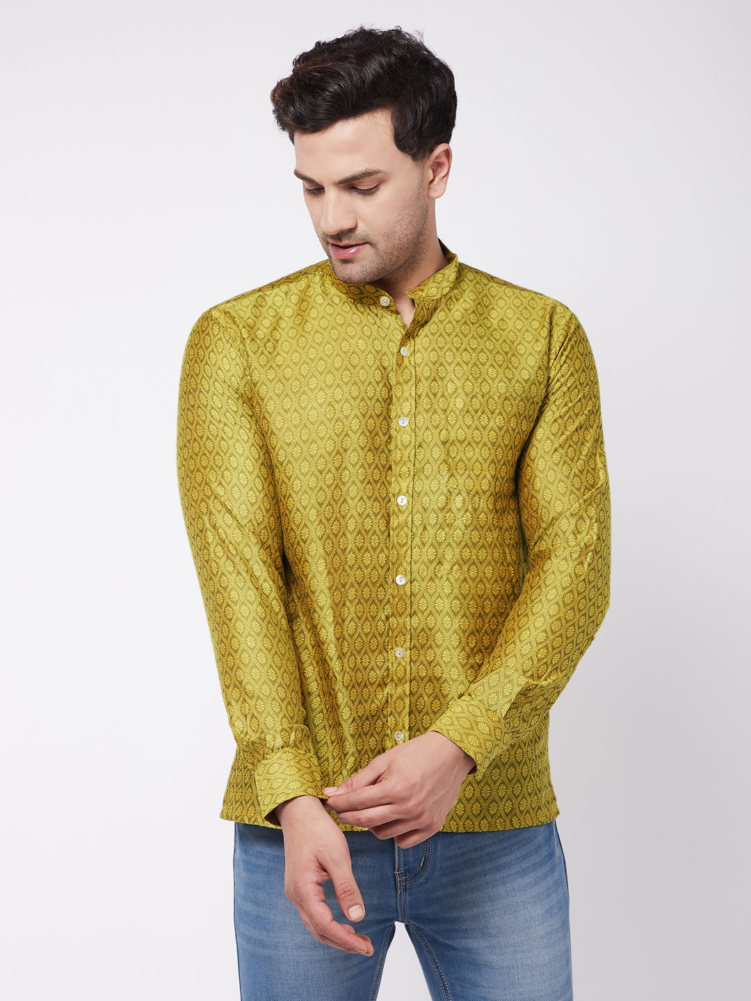 Men's Mustard Yellow Silk Blend Ethnic Shirt - Vastramay