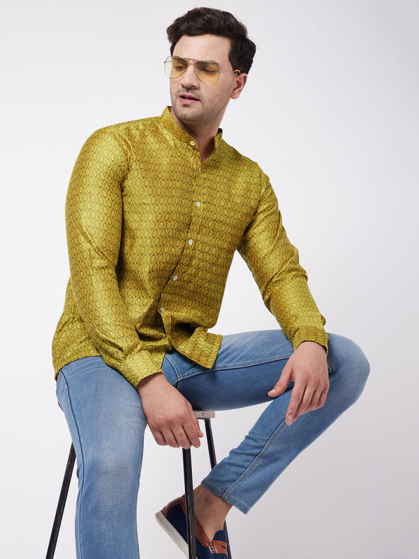 Jashvi Men's Yellow Silk Blend Ethnic Shirt