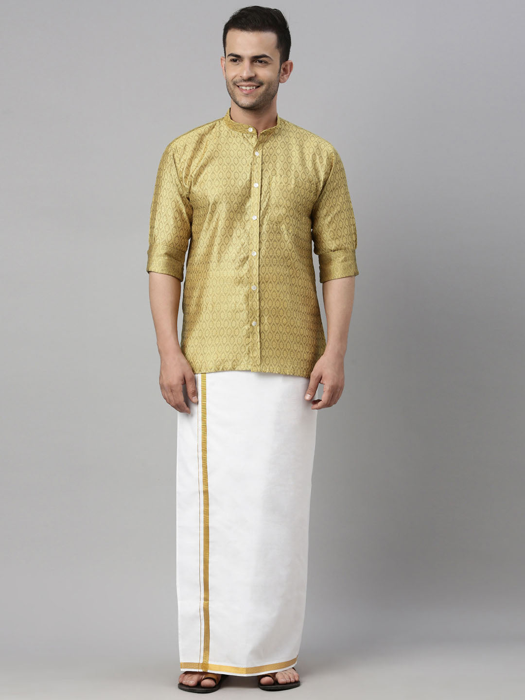 Men's Mustard Yellow Silk Blend Ethnic Shirt And Mundu Set - Vastramay