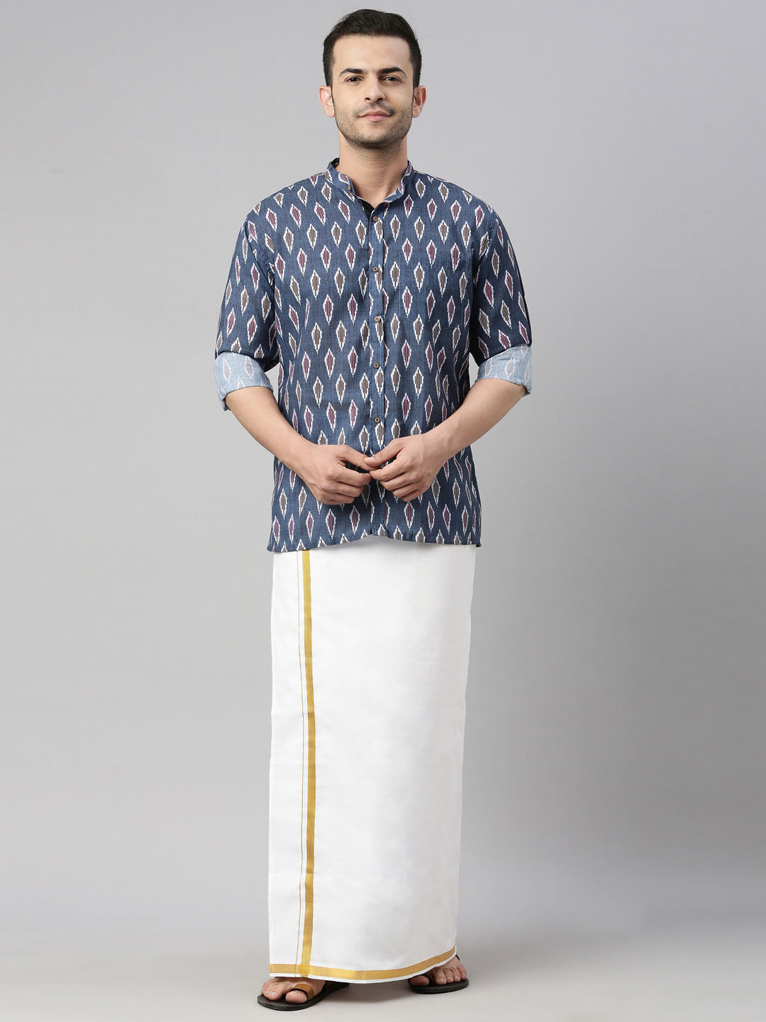 Men's Multicolor-Base-Grey Cotton Blend Ethnic Shirt And Mundu Set - Vastramay