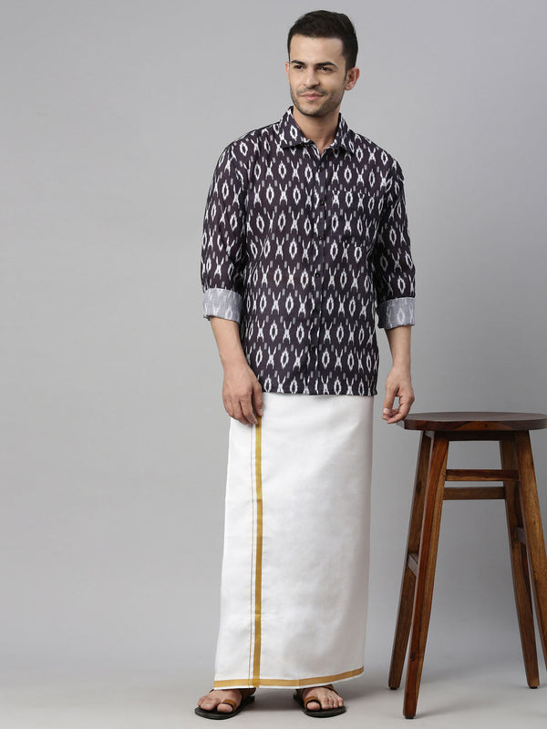 Jashvi Men's Black Ikkat Print Shirt And Mundu Set