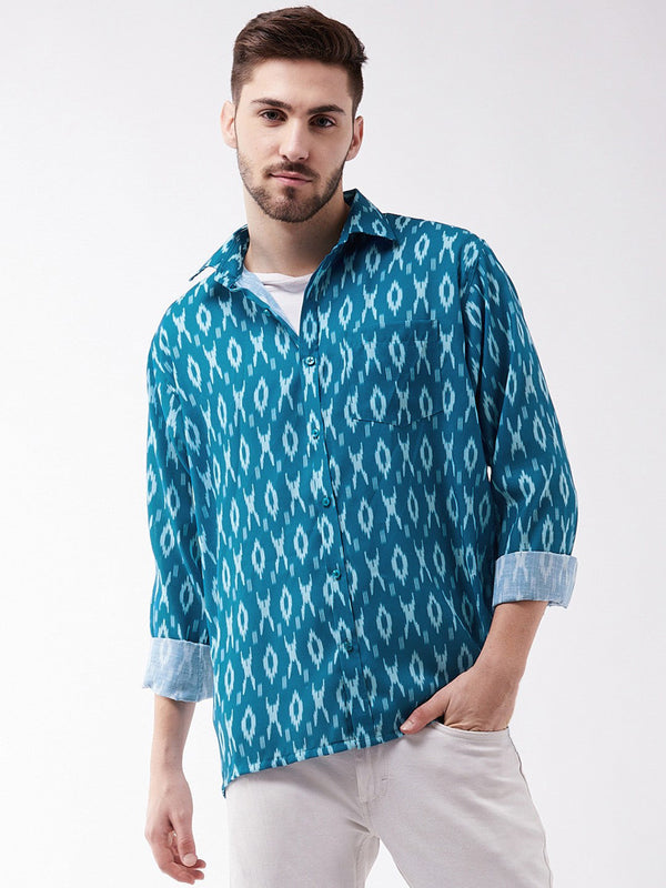 Jashvi Men's Turquoise Cotton Blend Ethnic Shirt