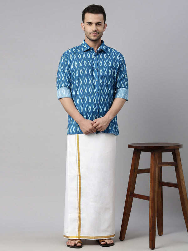 Jashvi Men's Torquoise Blue Ikkat Print Shirt And Mundu Set