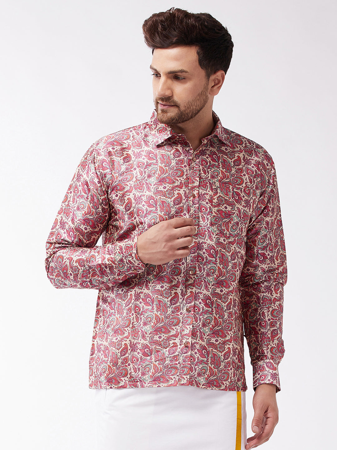 Men's Multicolor-Base-Pink Silk Blend Ethnic Shirt - Vastramay