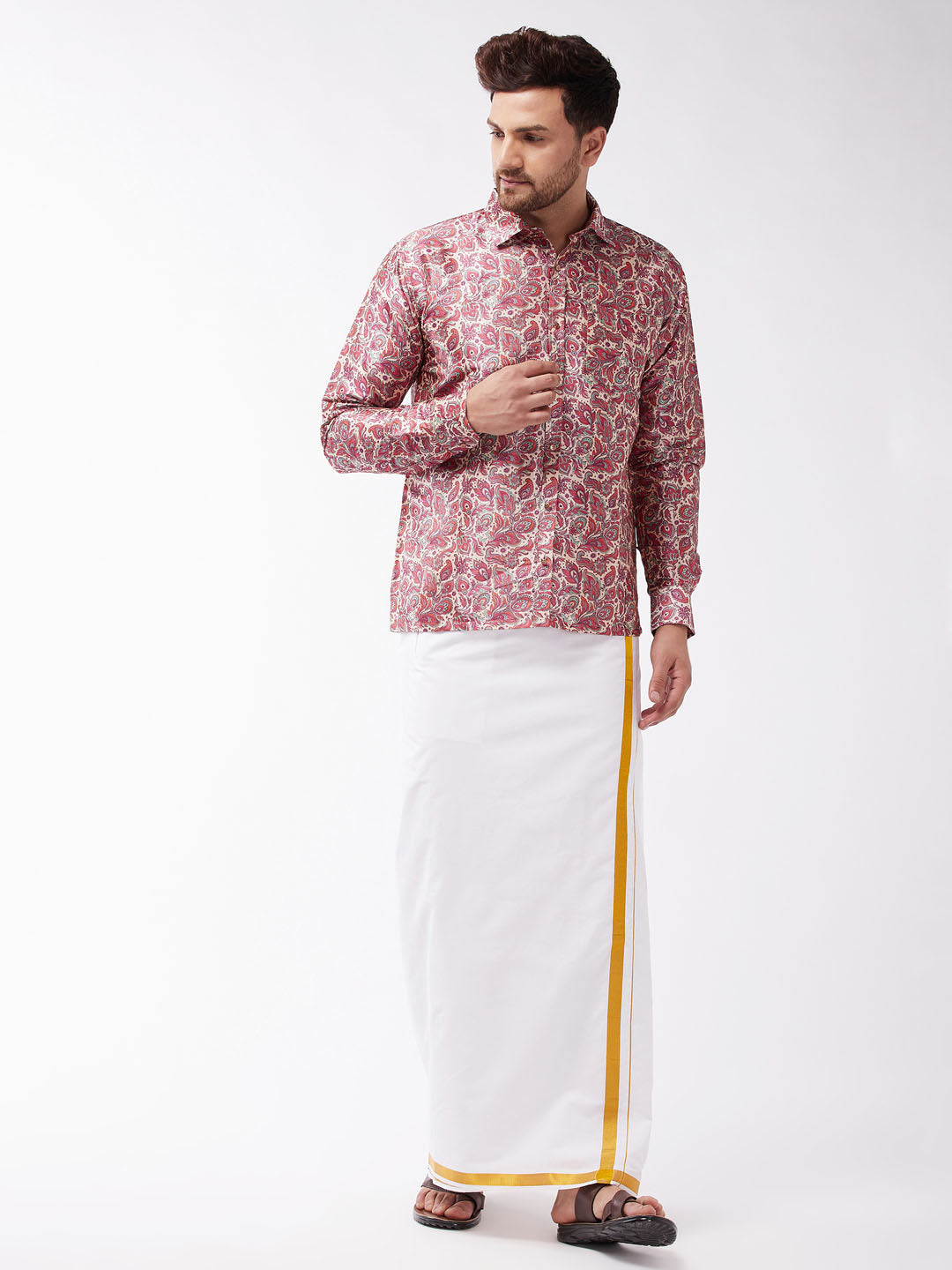 Men's Multicolor-Base-Pink And White Silk Blend Shirt And Mundu - Vastramay