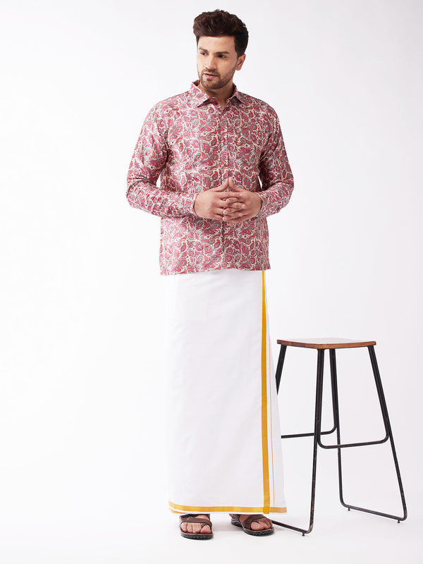 Jashvi Men's Multicolour-Base-Pink And White Silk Blend Shirt And Mundu Set