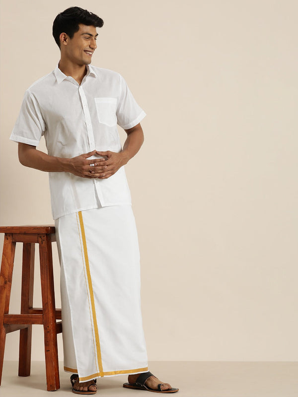 Jashvi Men's White Cotton Shirt With Mundu Set