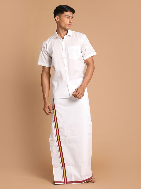 Jashvi Men's White Cotton Blend Shirt And Mundu Set