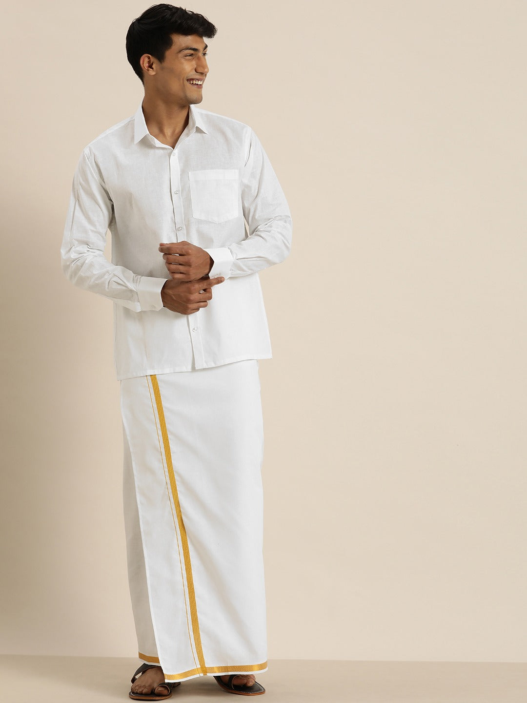 Men's White Cotton Ethnic Shirt And Mundu - Vastramay