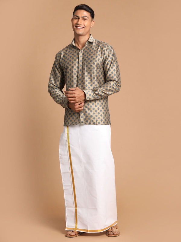 Jashvi Men's Brown Silk Blend Printed Shirt And Mundu Set