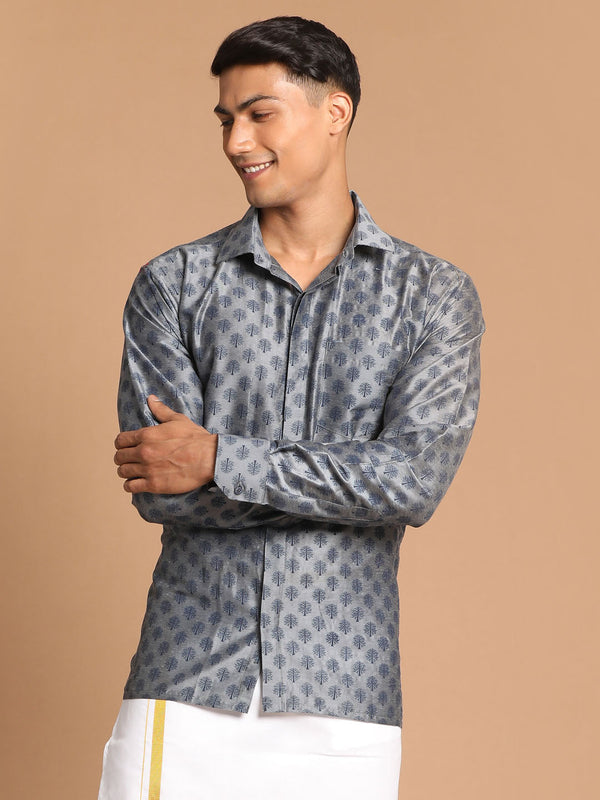 Jashvi Men's Gray Silk Blend Printed Shirt