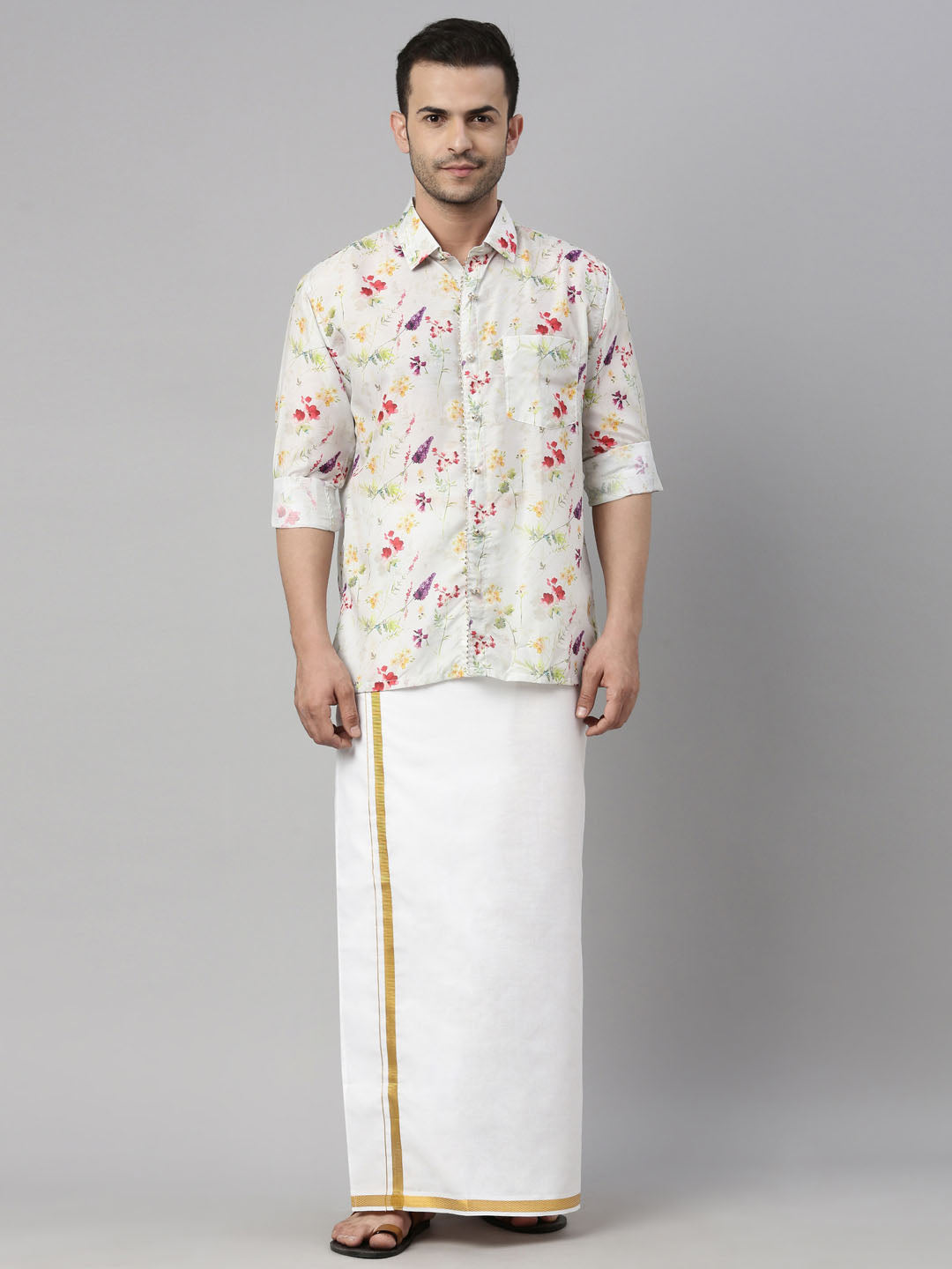 Men's Multicolor-Base-Cream Muslin Ethnic Shirt And Mundu Set - Vastramay