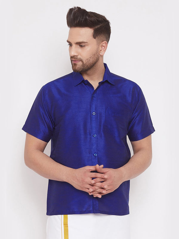 Men's Blue Cotton Silk Blend Ethnic Shirt - Vastramay