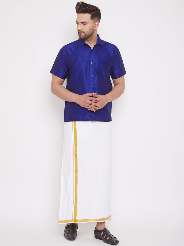 Jashvi Men's Blue And White Silk Blend Shirt And Mundu Set