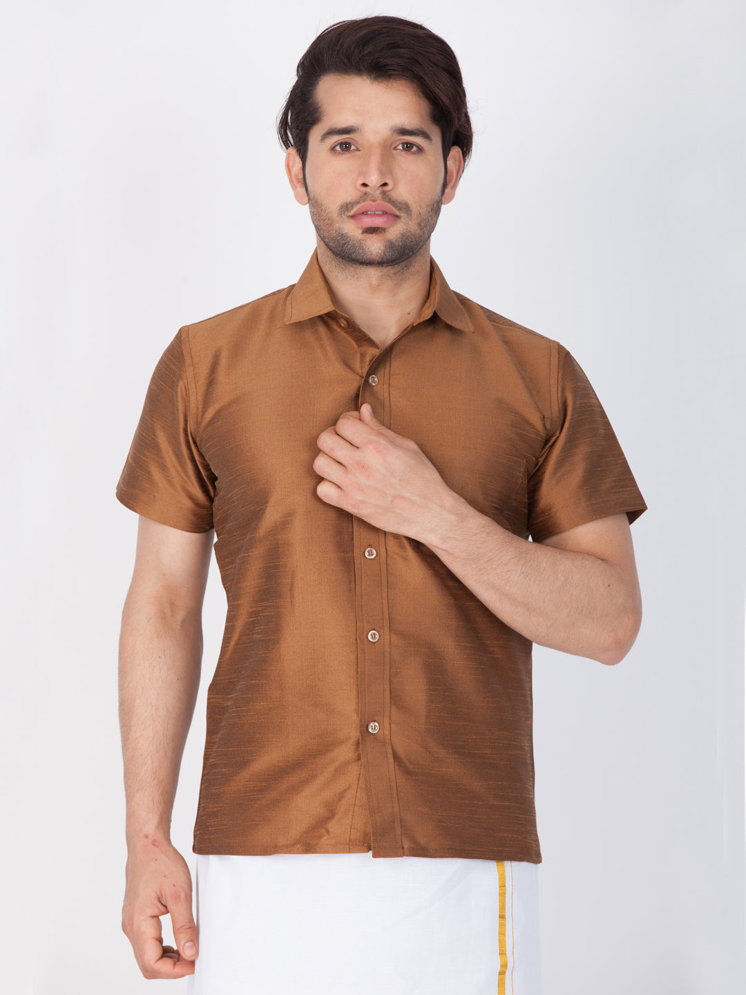 Men's Brown Cotton Silk Blend Ethnic Shirt