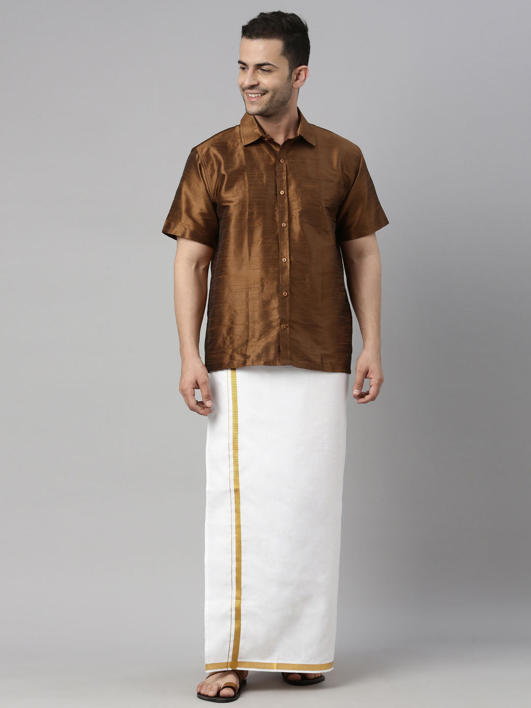 Men's Coffee And White Silk Blend Shirt And Mundu - Vastramay