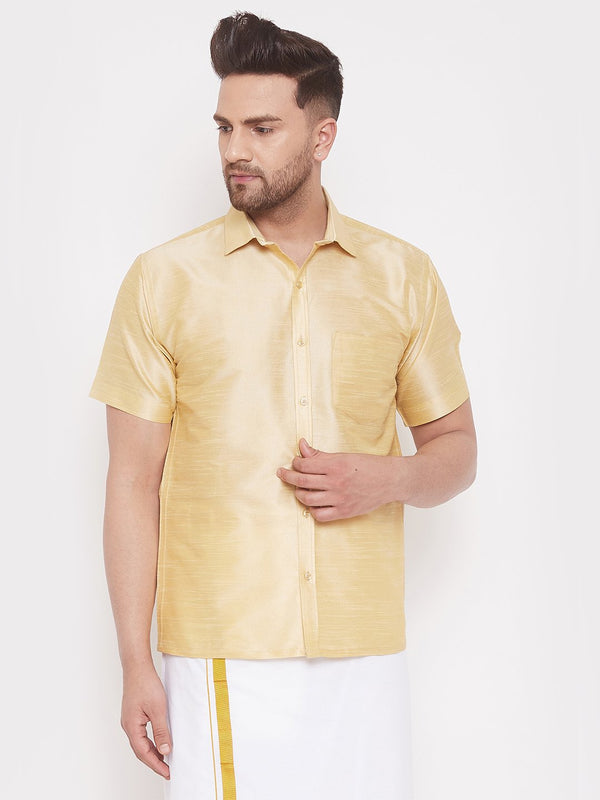 Men's Gold Cotton Silk Blend Ethnic Shirt - Vastramay