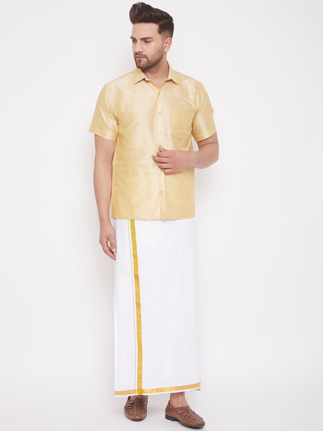 Men's Gold And White Silk Blend Shirt And Mundu - Vastramay