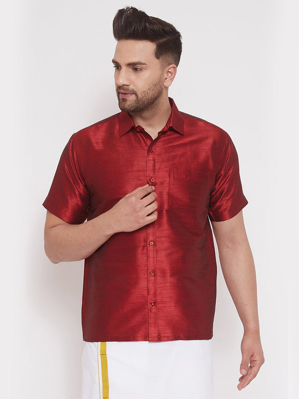 Men's Maroon Cotton Silk Blend Ethnic Shirt - Vastramay